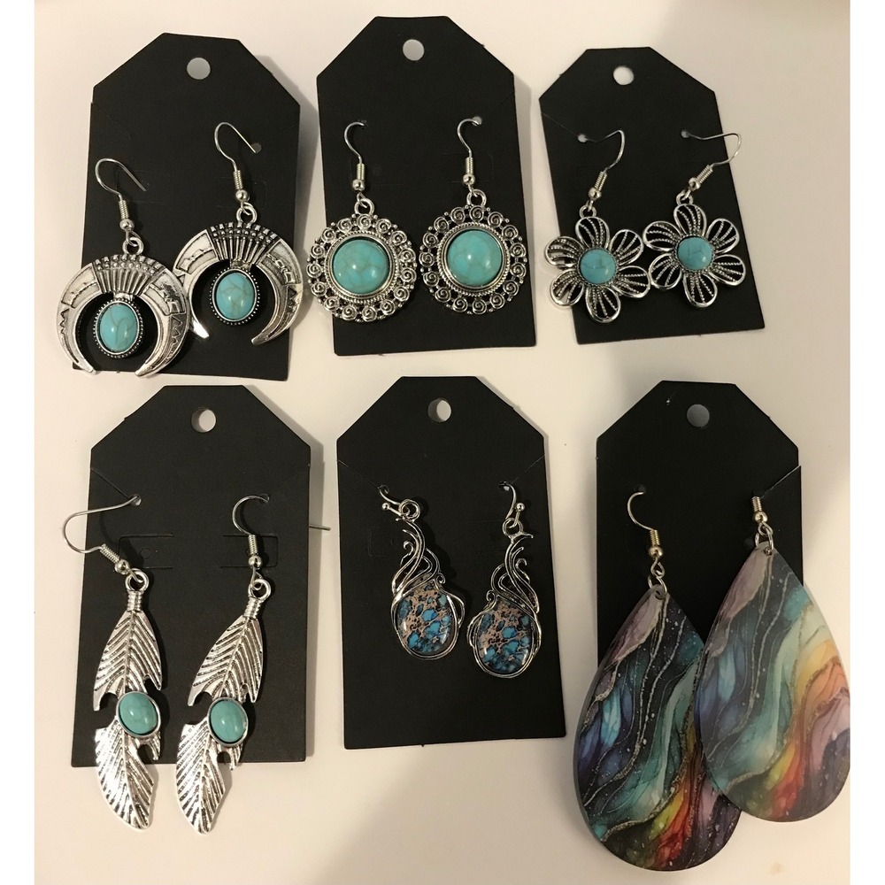 12 Pairs Boho Turquoise Silver Tone Earring Lot Southwestern Feather Floral Moon - Picture 3 of 3